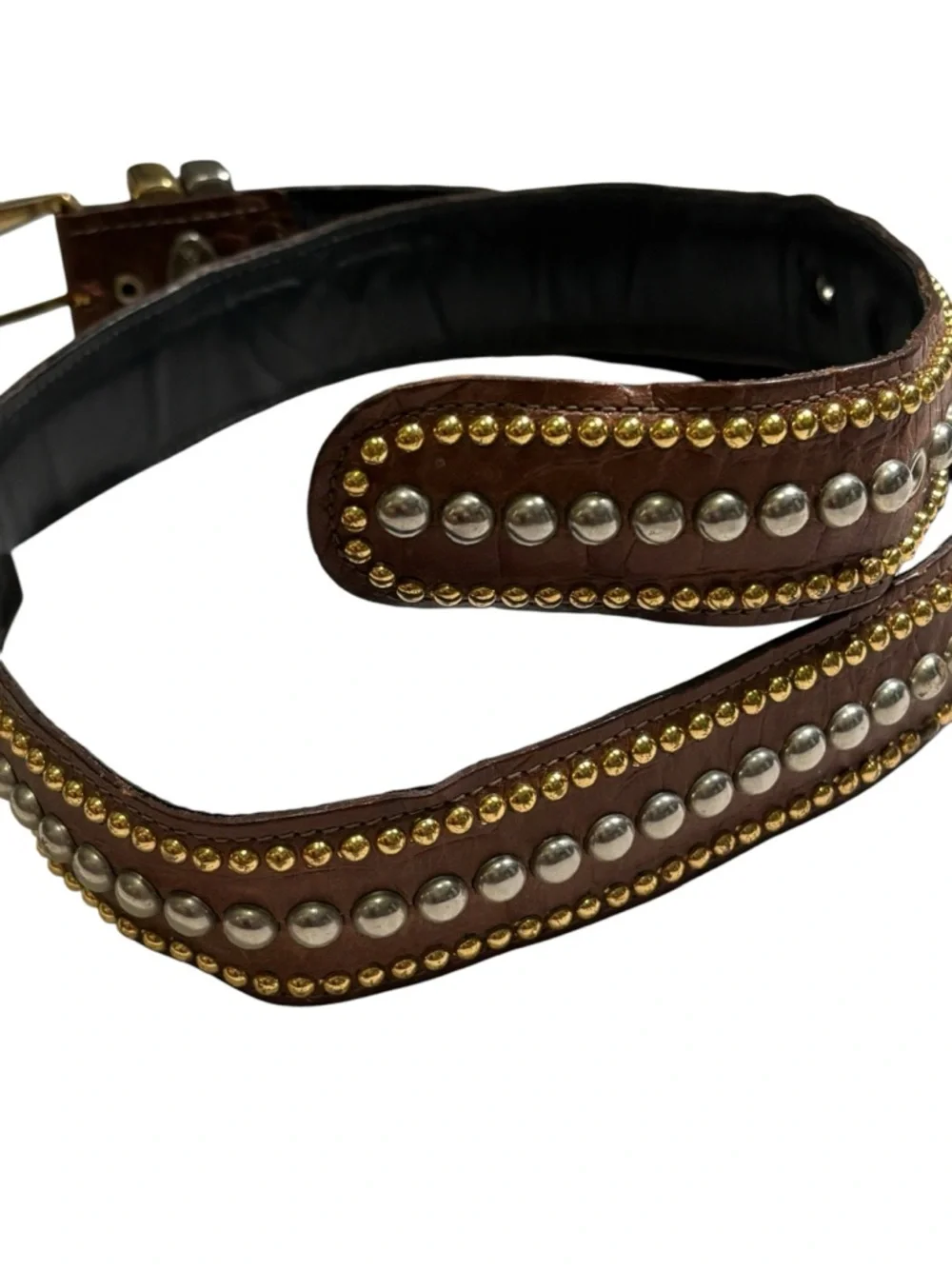 Vintage Sand Castle USA Studded Leather Western Belt Brown Gold Silver Rodeo